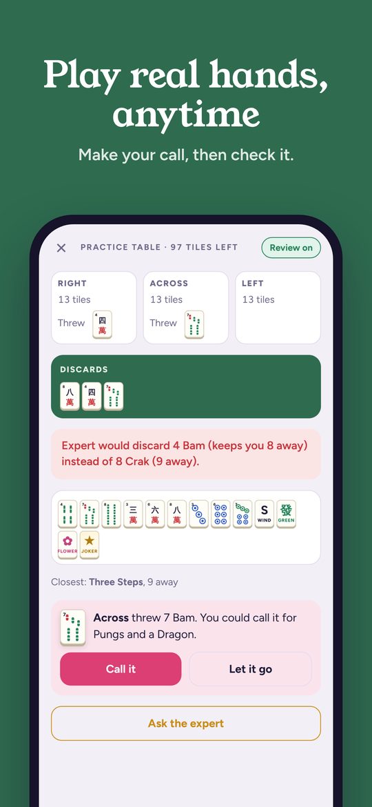 A hand review showing each discard next to the expert's choice